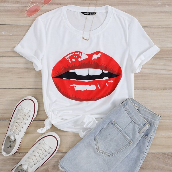 

Lip Graphic Round Neck Tee, White