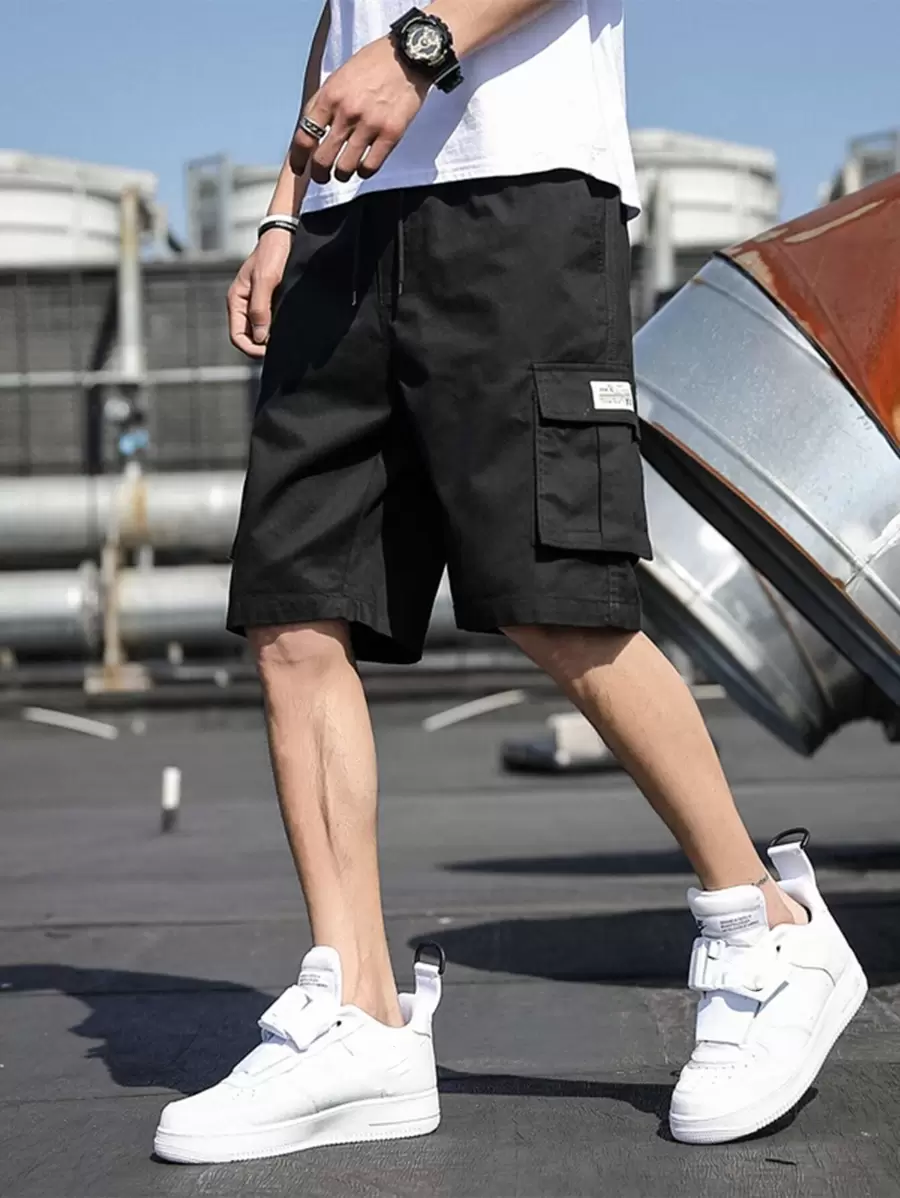 Manfinity Pantalones Cortos De Hombre Con Bolsillo De Solapa Con Parches - Negro - Ver 1