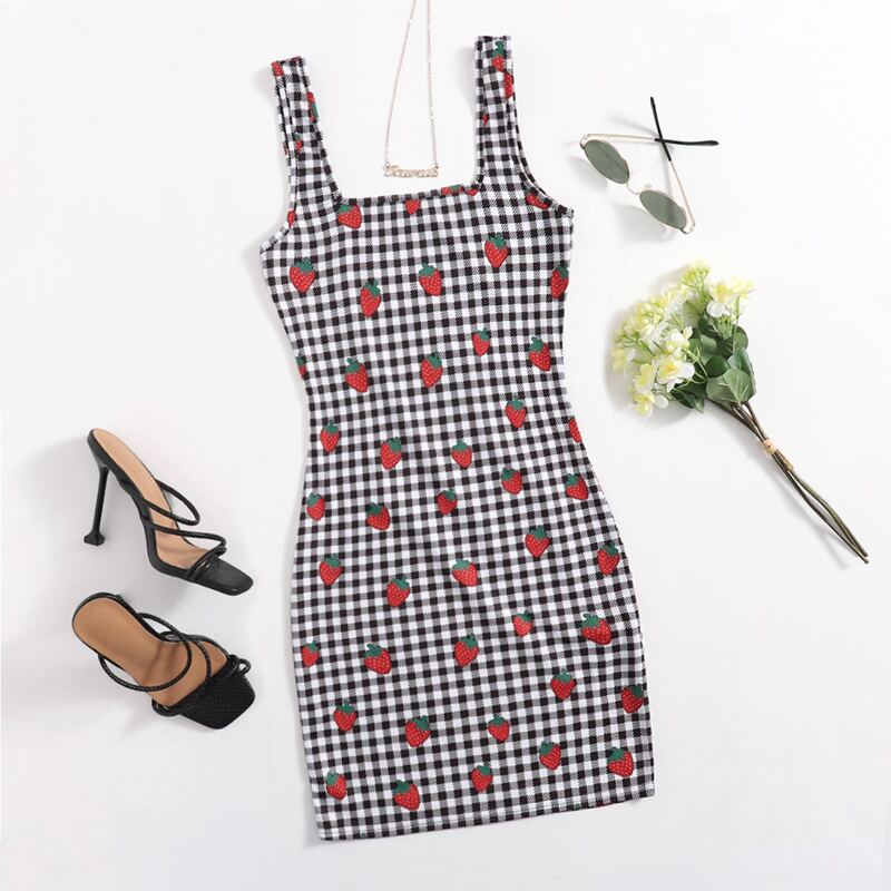 Strawberry & Houndstooth Print Dress, Multicolor