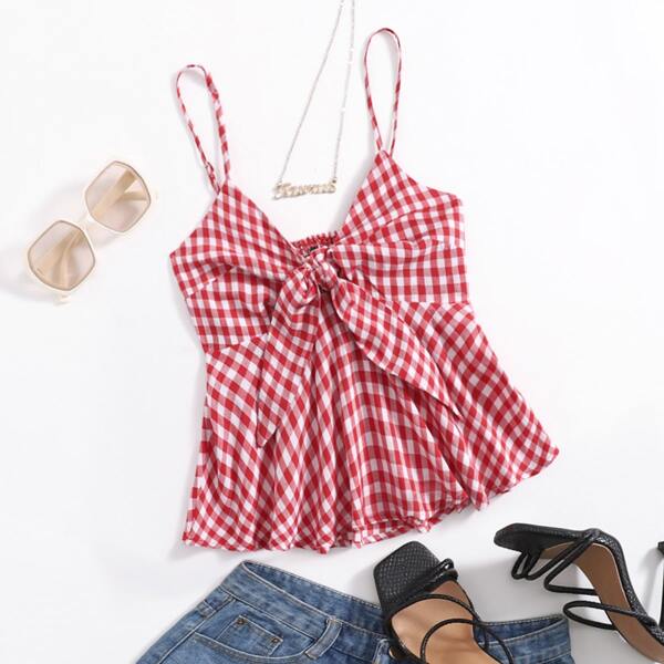 

Shirred Back Knot Detail Ruffle Hem Gingham Cami Top, Red and white