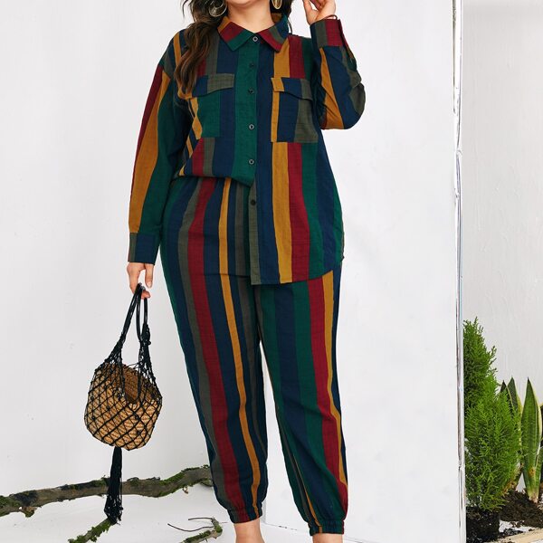 

Plus Striped Flap Pockets Blouse With Pants, Multicolor
