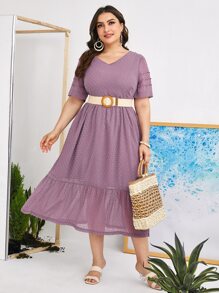 Mulvari Plus Swiss Dot Ruffle Hem Dress Without Belt - Mauve Purple - View 1