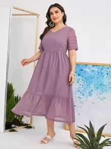 Mulvari Plus Swiss Dot Ruffle Hem Dress Without Belt - Mauve Purple - View 3