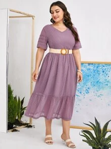 Mulvari Plus Swiss Dot Ruffle Hem Dress Without Belt - Mauve Purple - View 4