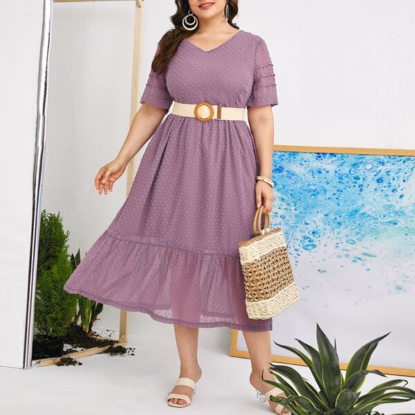 

Plus Swiss Dot Ruffle Hem Dress Without Belt, Mauve purple