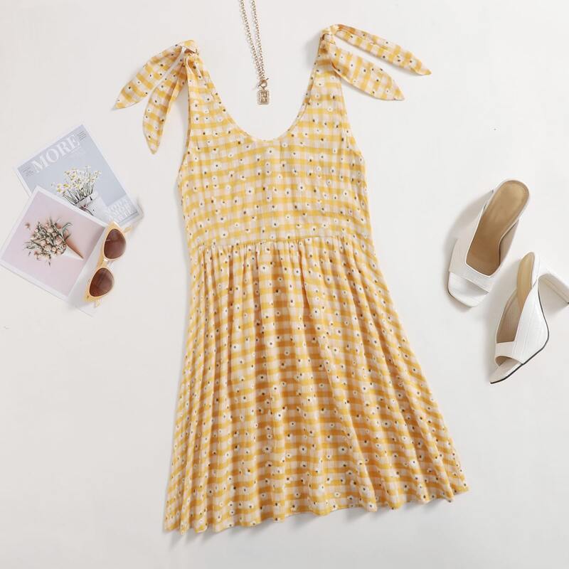 

Knot Strap Floral and Gingham Dress, Yellow