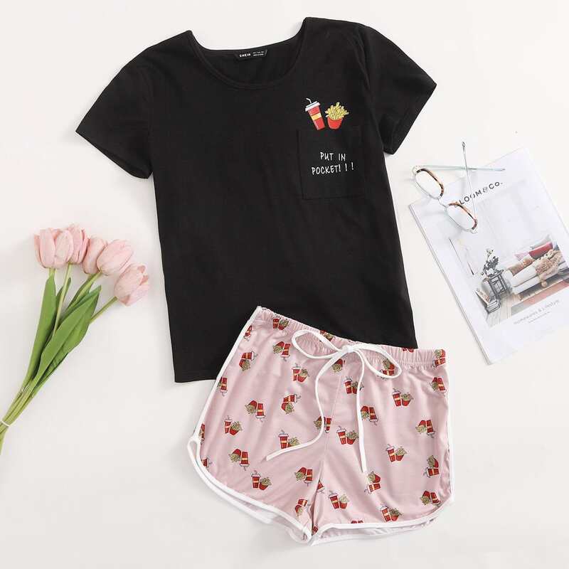 

Slogan and Graphic Print Pocket Front Top & Shorts PJ Set, Multicolor