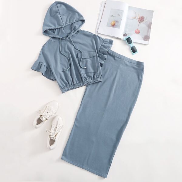 

Ruffle Cuff Flap Pocket Drawstring Hoodie & Split Hem Skirt Set, Dusty blue