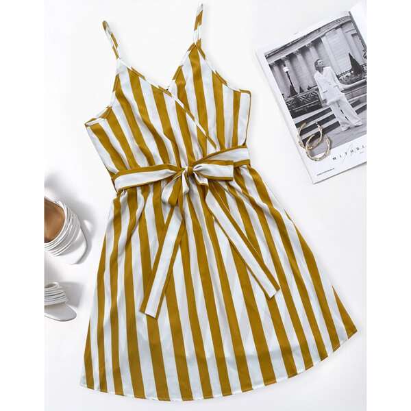 

Plus Striped Surplice Neck Belted Cami Dress, Yellow