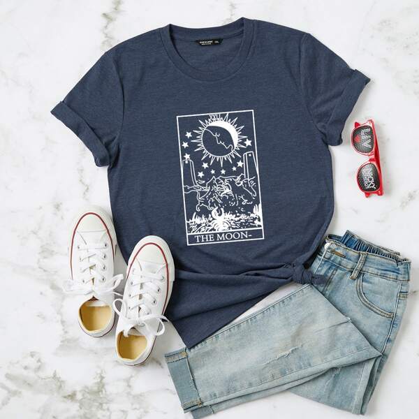 

Plus Sun & Star & Letter Graphic Tee, Navy blue