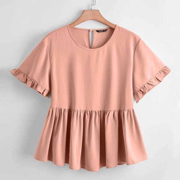 

Plus Flounce Sleeve Ruffle Hem Blouse, Dusty pink