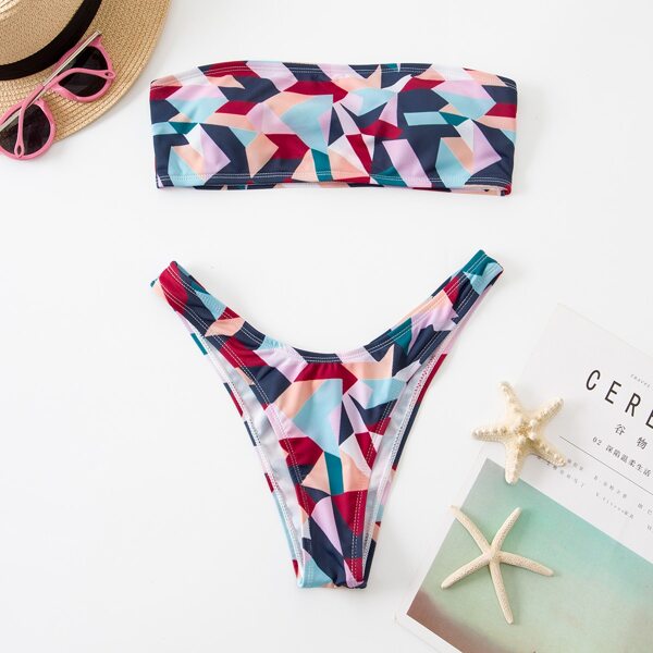 

Geo Print Bandeau Bikini Swimsuit, Multicolor