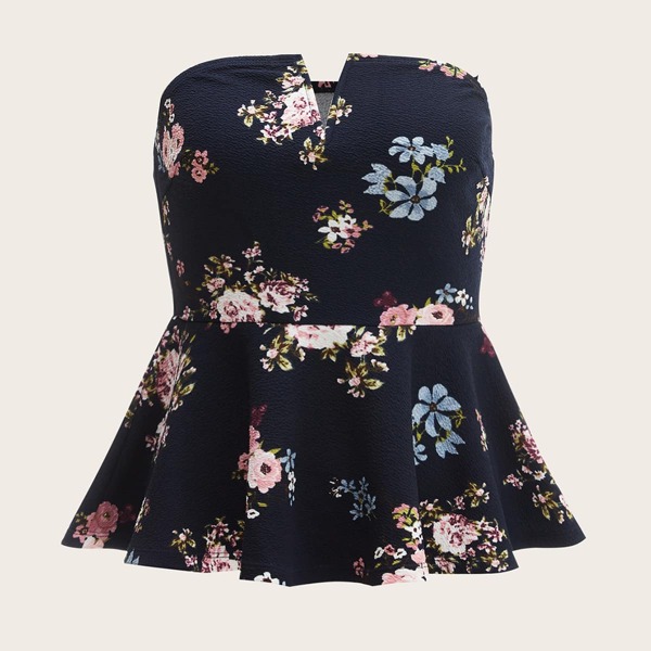 

Notched Neck Floral Ruffle Hem Tube Top, Navy blue
