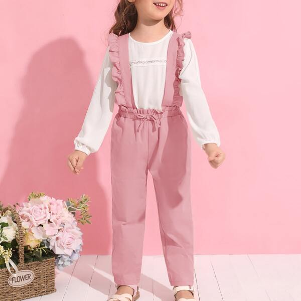 

Toddler Girls Ruffle Strap Knot Front Overalls, Baby pink