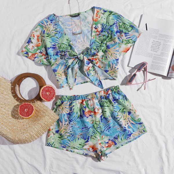 

Tropical Print Tie Front Top & Shorts Set, Multicolor