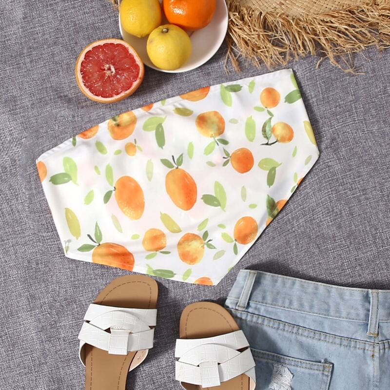 

Allover Orange Print Asymmetrical Hem Crop Tube Top, Multicolor