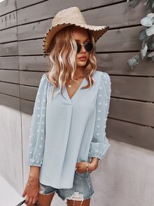 SHEIN LUNE Blus Plain Boho - Baby Blue - View 3