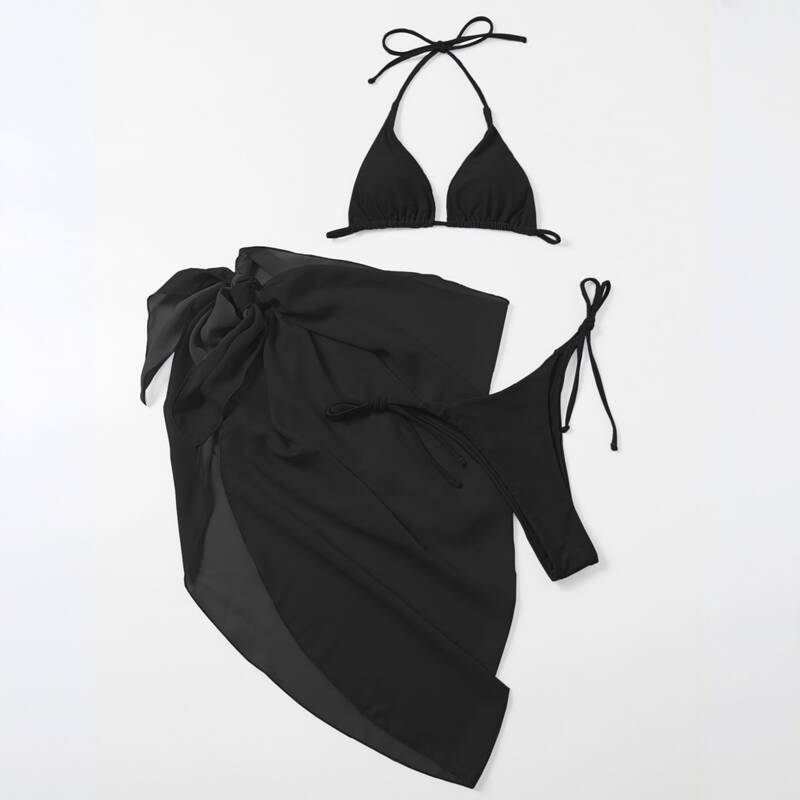 

3pack Thong Bikini Swimsuit & Cover Up, Black