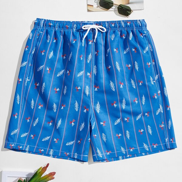 

Men Striped Print Swim Trunks, Blue