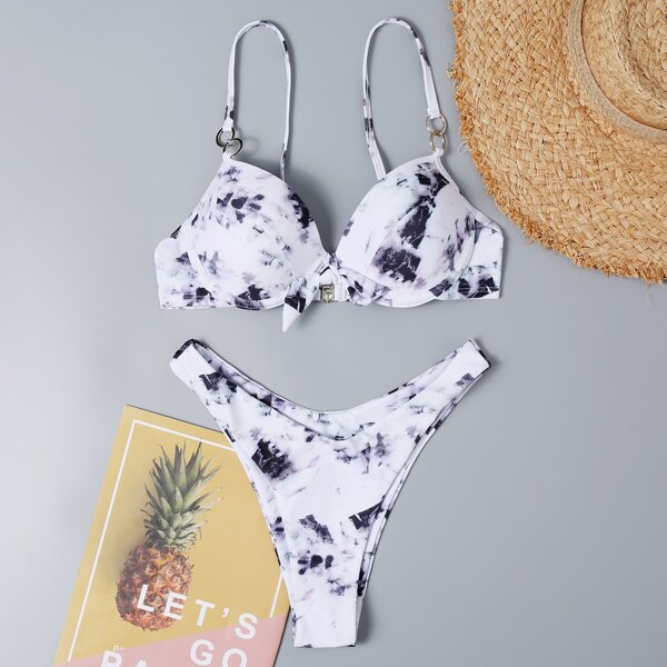 

Tie Dye Knot Front Underwire Bikini Swimsuit, Light grey