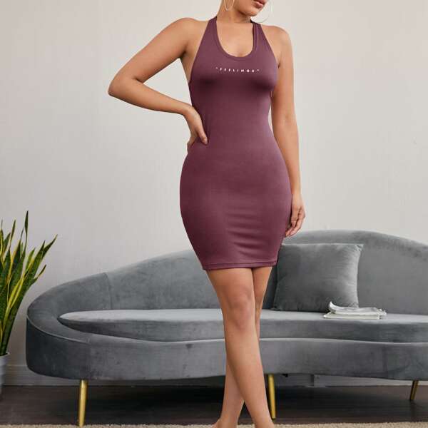 

Letter Graphic Backless Bodycon Dress, Mauve purple