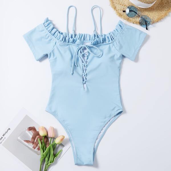 

Lace-up Front Ruffle One Piece Swimsuit, Blue