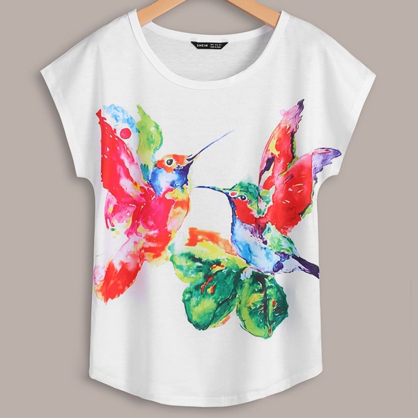 

Batwing Sleeve Floral & Bird Print Tee, White