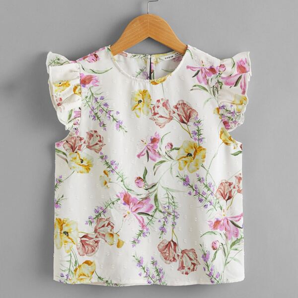 

Girls Floral Print Ruffle Trim Top, Multicolor