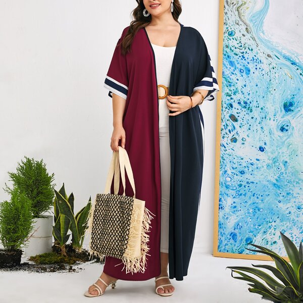 

Plus Striped Contrast Panel Batwing Sleeve Kimono, Multicolor