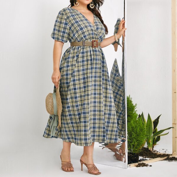 

Plus Plaid Bishop Sleeve Dress Without Belt, Multicolor