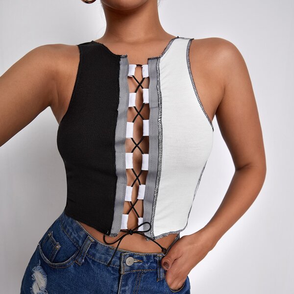 

Lace Up Front Rib Spliced Tank Top, Black and white
