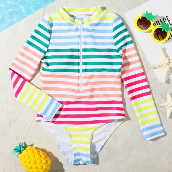 

Girls Striped Zipper Front One Piece Swimsuit, Multicolor