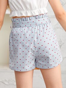 SHEIN 女孩滿版心形和條紋圖案自腰帶短褲 - 藍白色 - 查看 2