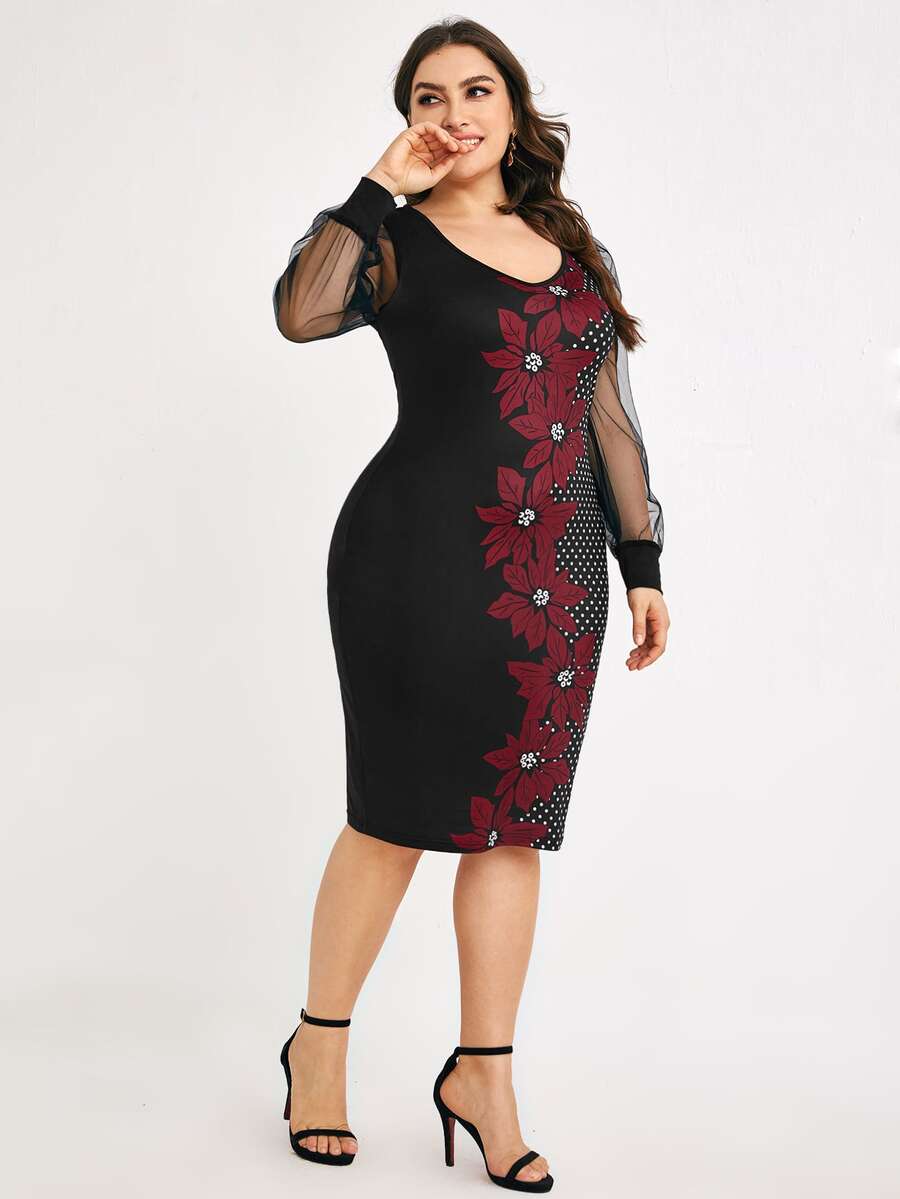 SHEIN LUNE Đầm Plus Size Tương phản Mesh Hoa Thanh lịch - Nhiều màu - Xem 1
