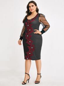 SHEIN LUNE Đầm Plus Size Tương phản Mesh Hoa Thanh lịch - Nhiều màu - Xem 3