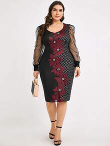 SHEIN LUNE Đầm Plus Size Tương phản Mesh Hoa Thanh lịch - Nhiều màu - Xem 5