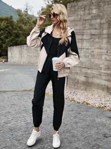 SHEIN LUNE Colorblock Hooded Zip Up Jacket & Sweatpants Set - Multicolor - View 1