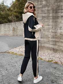 SHEIN LUNE Colorblock Hooded Zip Up Jacket & Sweatpants Set - Multicolor - View 2