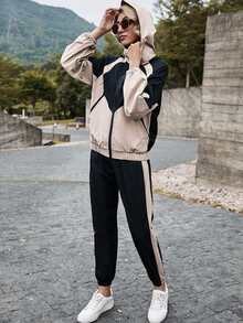 SHEIN LUNE Colorblock Hooded Zip Up Jacket & Sweatpants Set - Multicolor - View 3