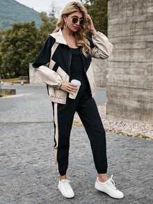 SHEIN LUNE Colorblock Hooded Zip Up Jacket & Sweatpants Set - Multicolor - View 5