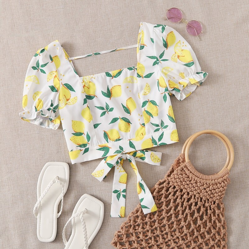 

Puff Sleeve Lemon Print Crop Top, Multicolor