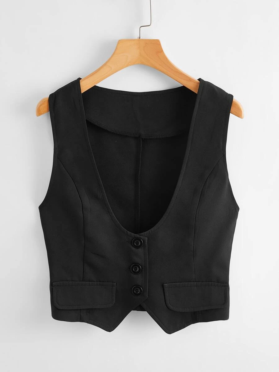 Single Breasted Crop Blazer Vest - Black - View 1