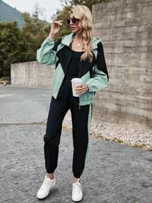SHEIN LUNE Colourblock Hooded Zip Up Jacket & Carrot Trousers Set - Multicolor - View 1