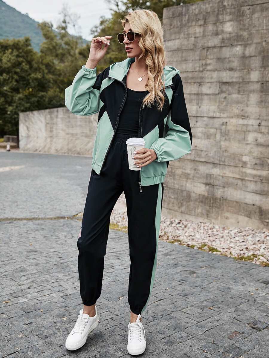 SHEIN LUNE Colourblock Hooded Zip Up Jacket & Carrot Trousers Set - Multicolor - View 1