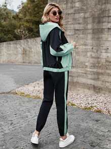 SHEIN LUNE Colourblock Hooded Zip Up Jacket & Carrot Trousers Set - Multicolor - View 2