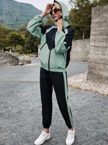 SHEIN LUNE Colourblock Hooded Zip Up Jacket & Carrot Trousers Set - Multicolor - View 3