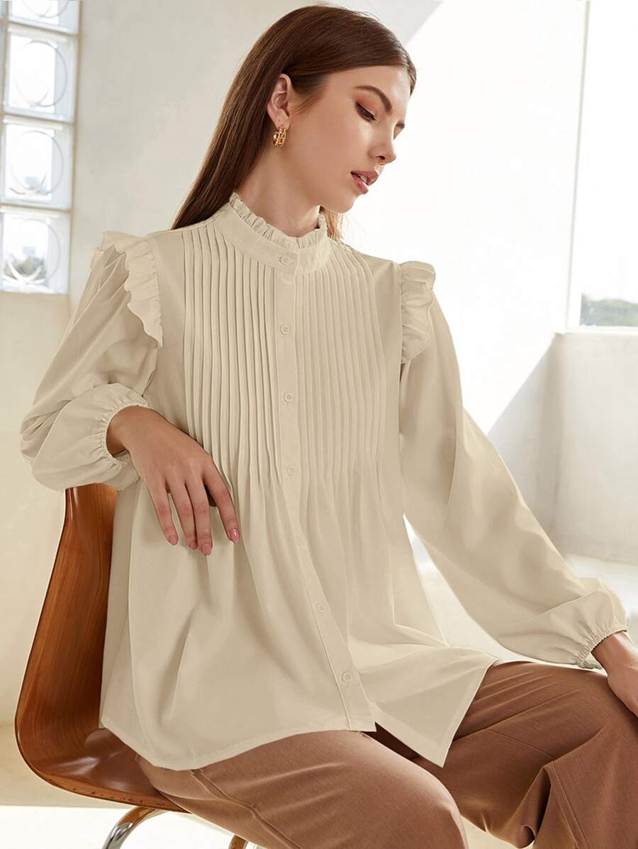 SHEIN 褶邊領百褶紐扣襯衫 - 米色 - 查看 1