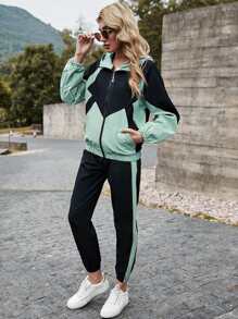 SHEIN LUNE Colourblock Hooded Zip Up Jacket & Carrot Trousers Set - Multicolor - View 4