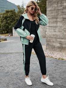 SHEIN LUNE Colourblock Hooded Zip Up Jacket & Carrot Trousers Set - Multicolor - View 5