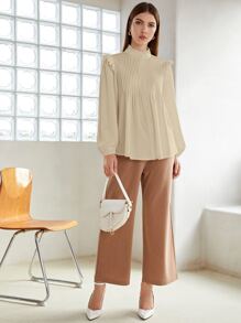 SHEIN 褶邊領百褶紐扣襯衫 - 米色 - 查看 3